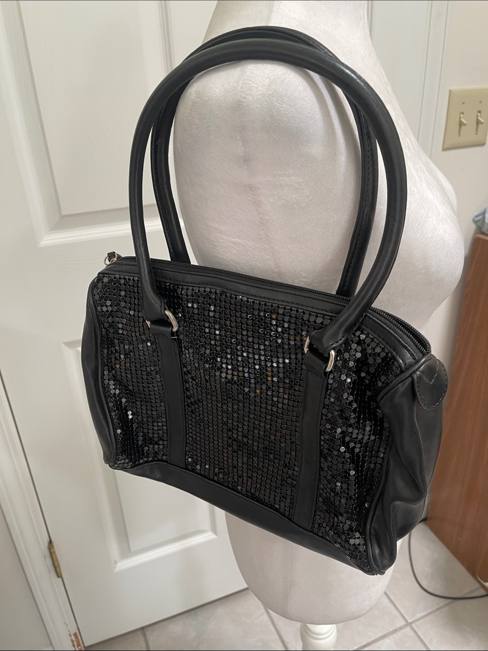 Lancome Black Chainmail Metallic Mesh Faux Leather Purse Handbag Zipper Tote